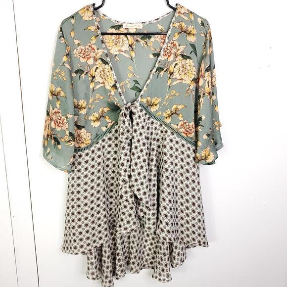 Magnolia Top Womens Small Kimono Babydoll Tie Front Mixed Media Cottage Boho - Picture 1 of 11